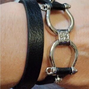 Rustic Cuff Black Leather Double Wrap Bracelet Choker Necklace Silver Hardware